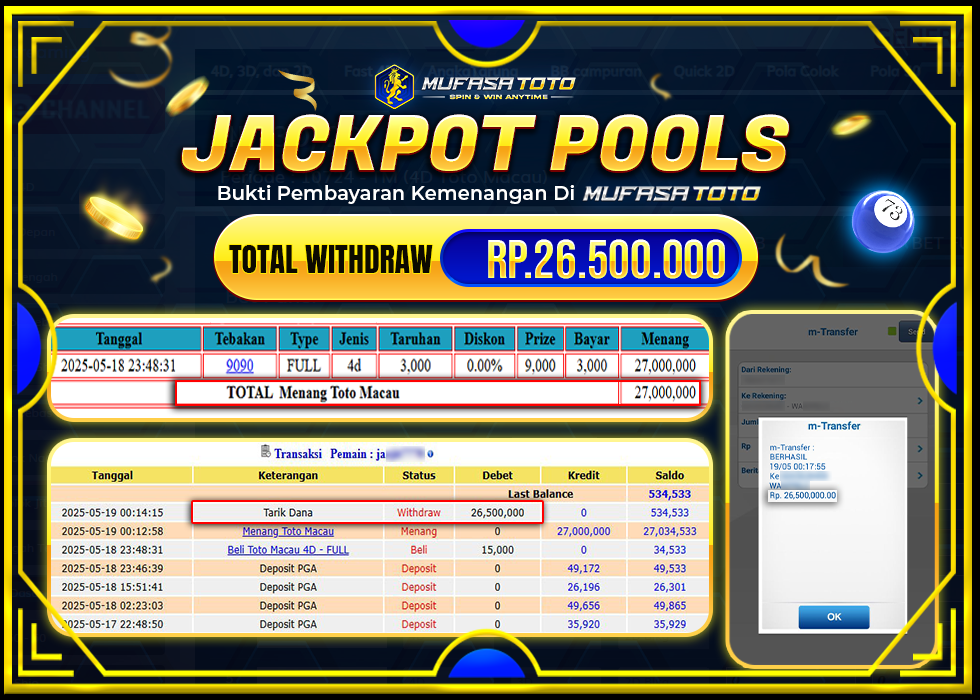 MUFASATOTO JACKPOT POOL TOTO MACAU Rp.26.500.000 | LUNAS